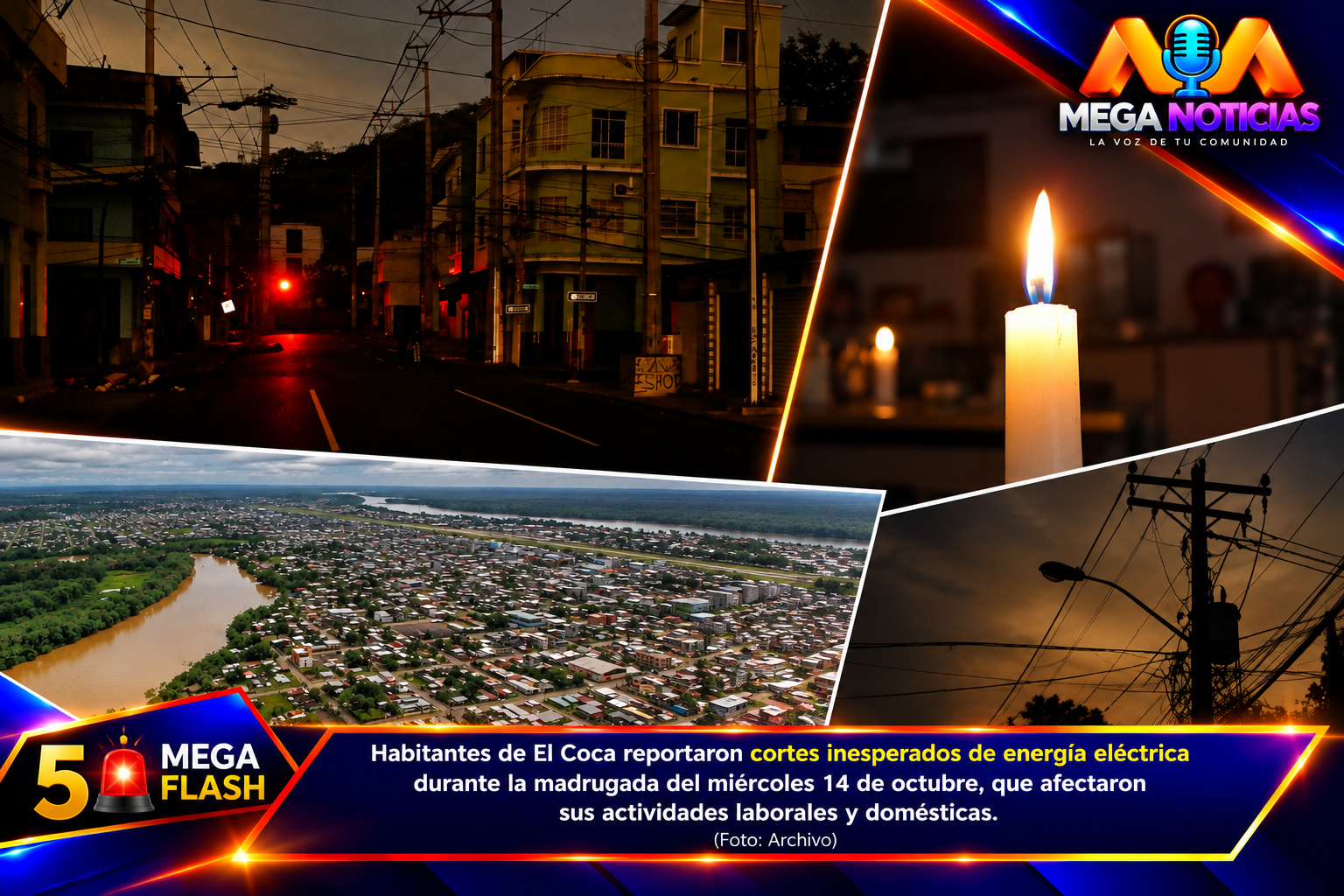 Apagones sorpresivos dejan a oscuras a El Coca y varias ciudades del Ecuador.