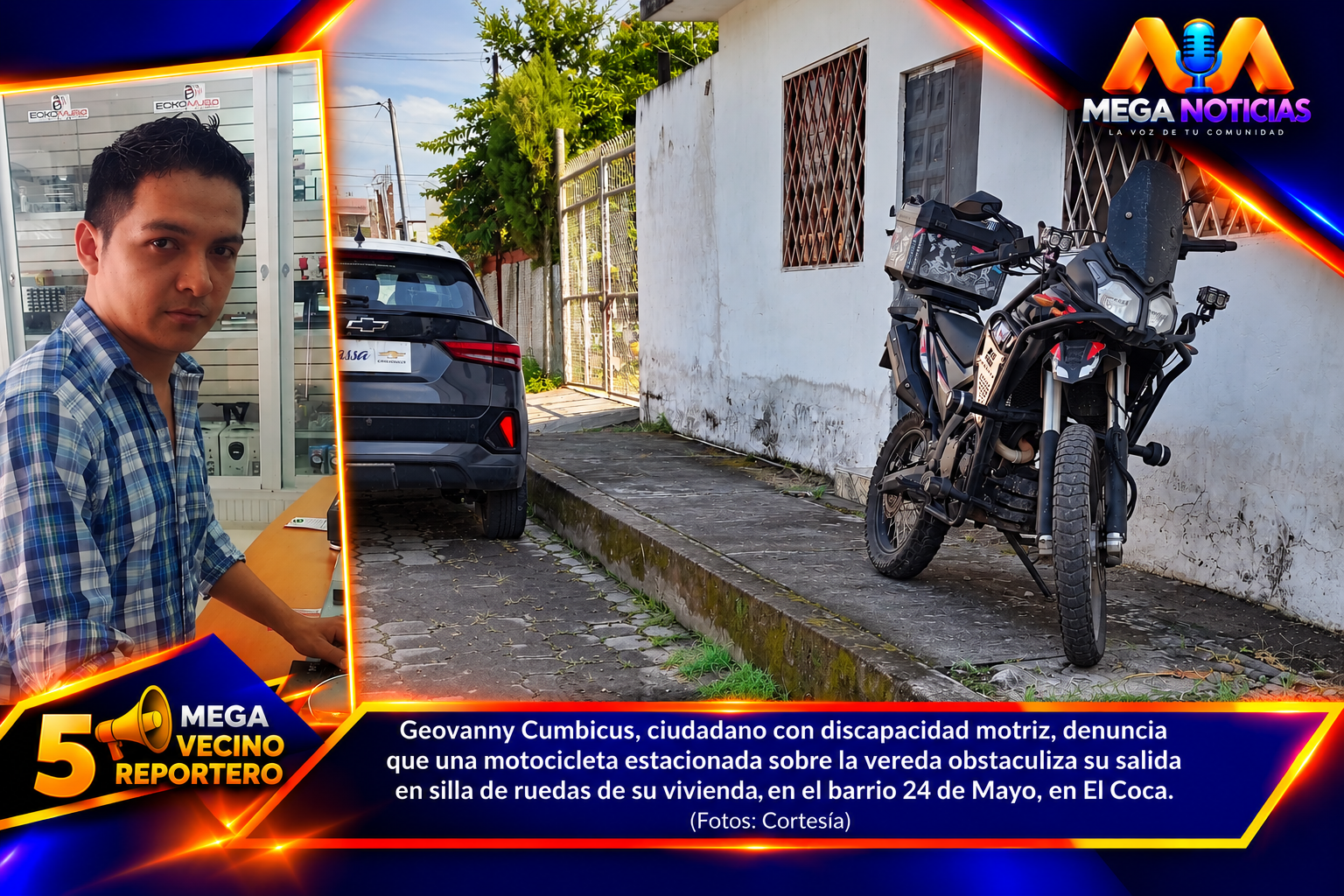 ¡Moto obstruye el paso a ciudadano en silla de ruedas en El Coca!